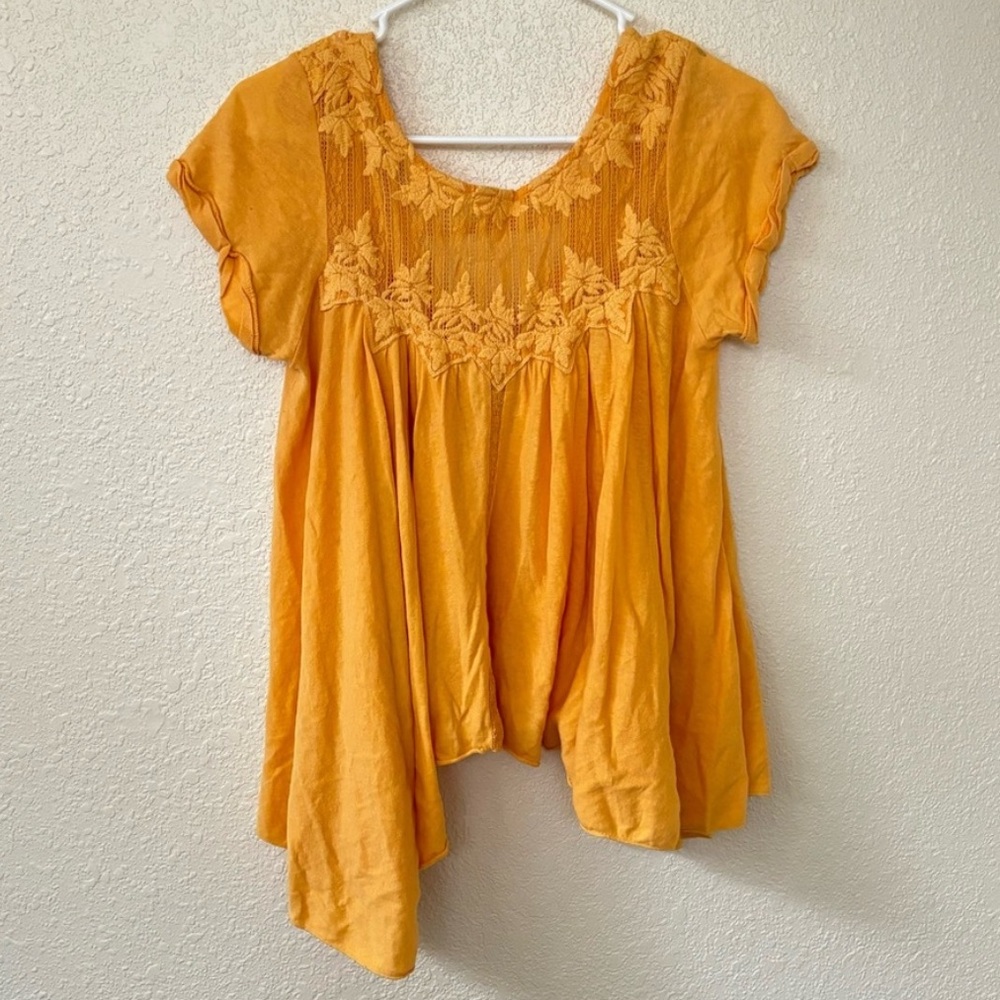 Free People Dandelion Yellow Lace Bib Short Sleeve Top Extra Small